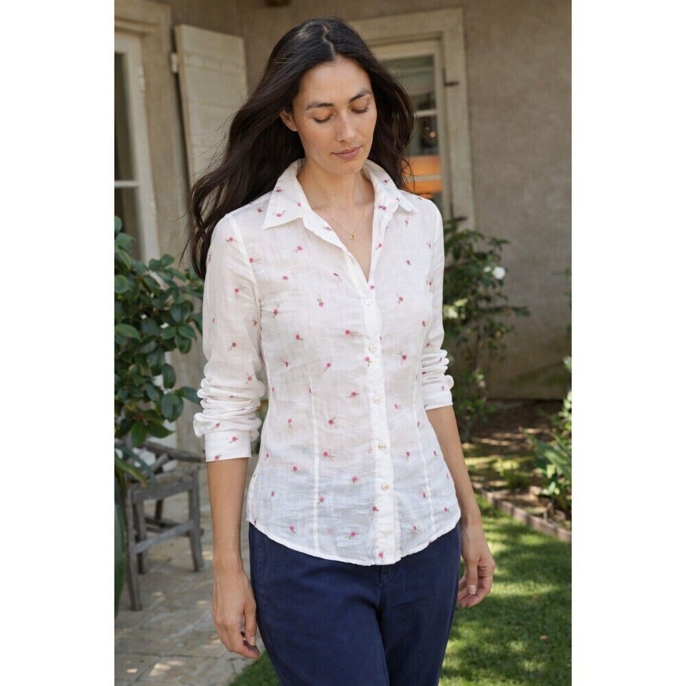 Vintage Floral Embroidered White Button Up Shirt Sz 36 Cottagecore Milkmaid
